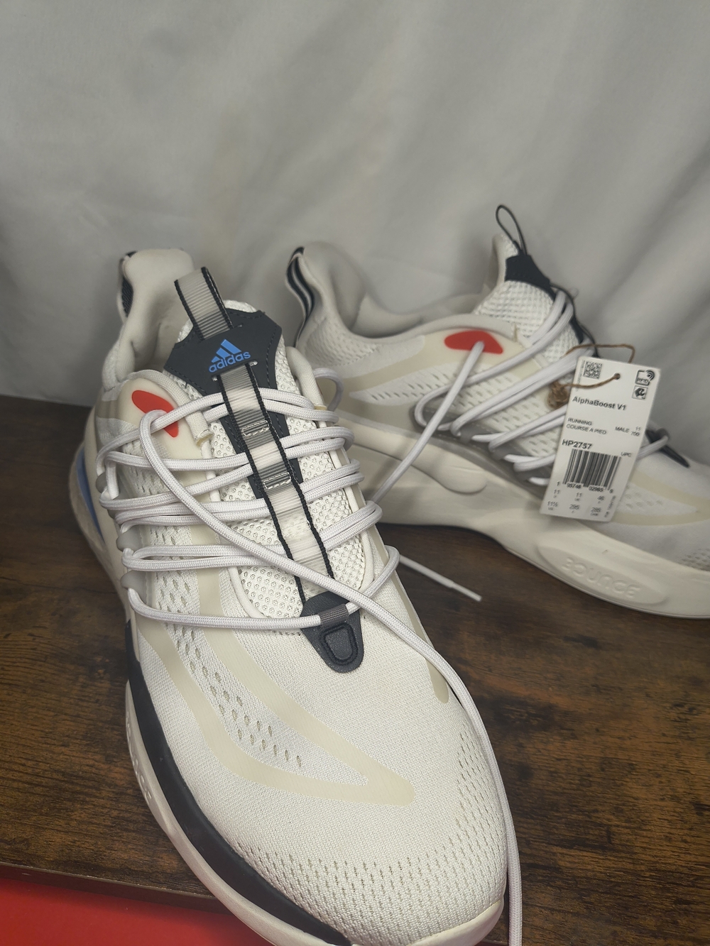 adidas Alphaboost V1 Mens White Running Sneakers with Navy and Red Accents - Picture 2 of 7